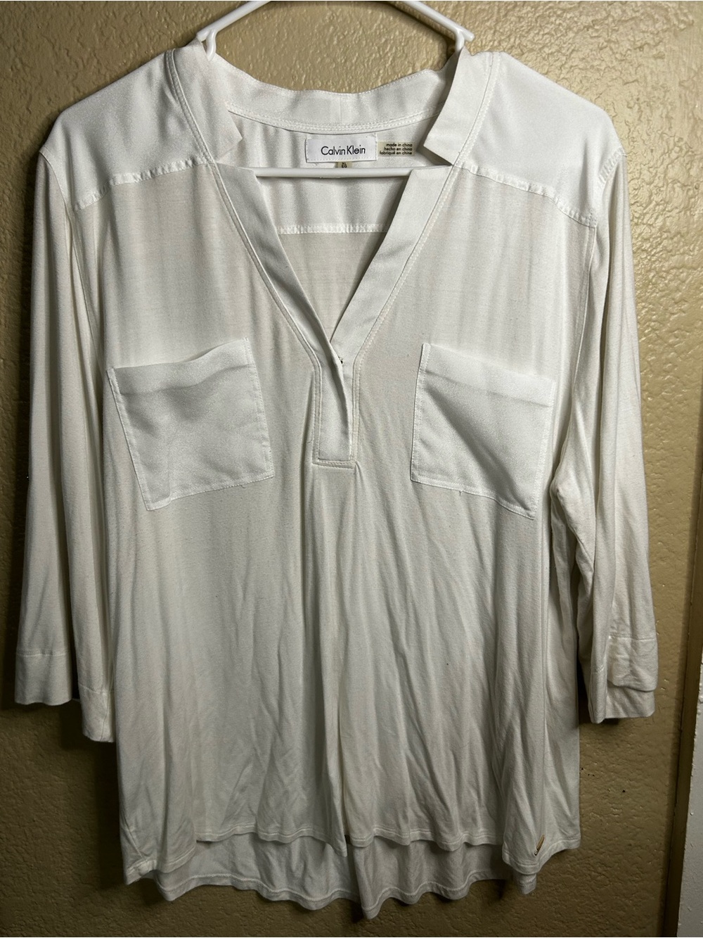 Calvin Klein White V-Neck Blouse with Chest Pocket